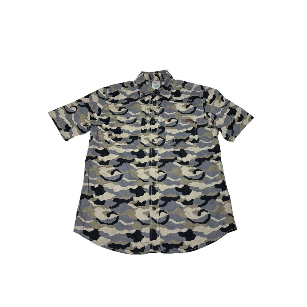 Genuine Dickies Mens Camo Ripstop Short Sleeve Button Up Shirt Grey Tan M